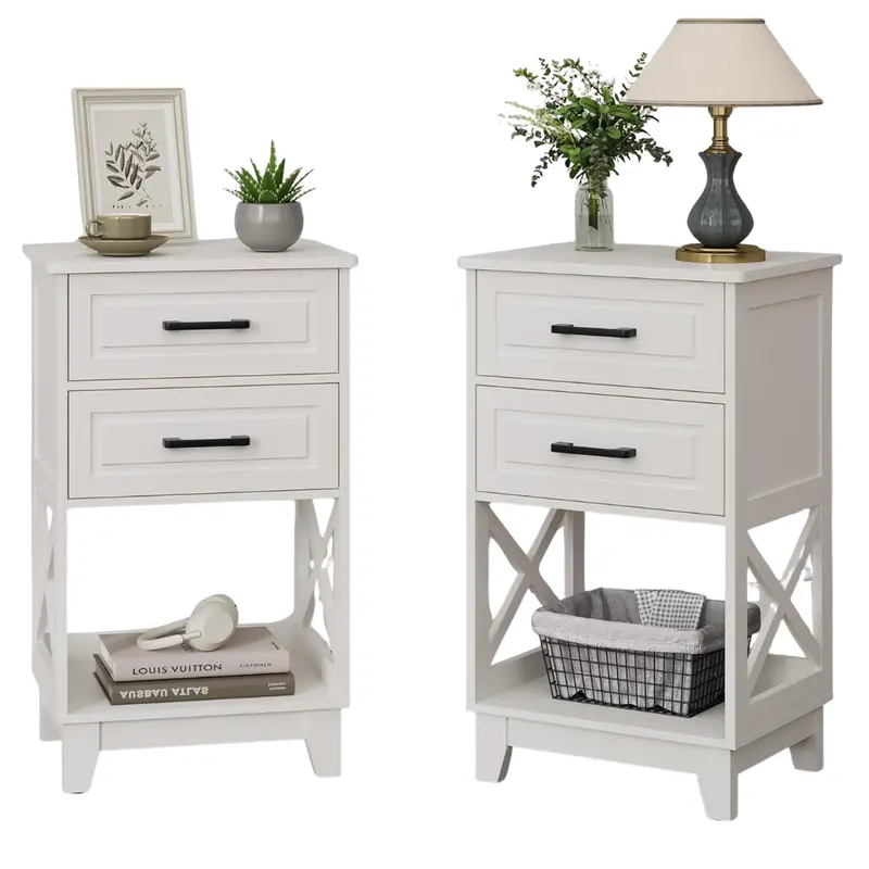 2-Piece 30" Tall Nightstand Side Table W/ 2 Drawers & Open Shelf 1