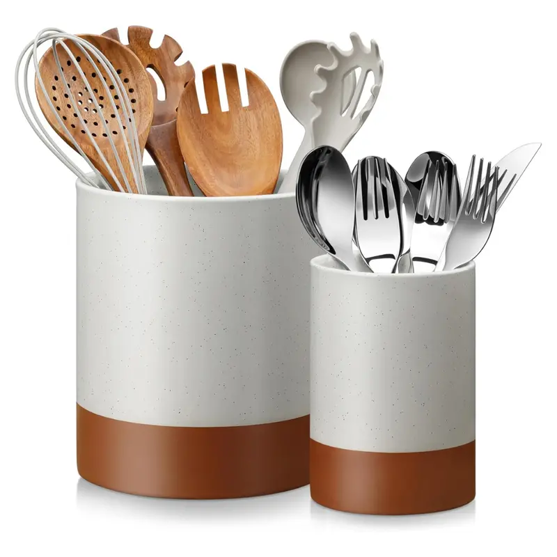 2-Piece 7.3" & 5.5" Ceramic Kitchen Utensil Holder Set 1
