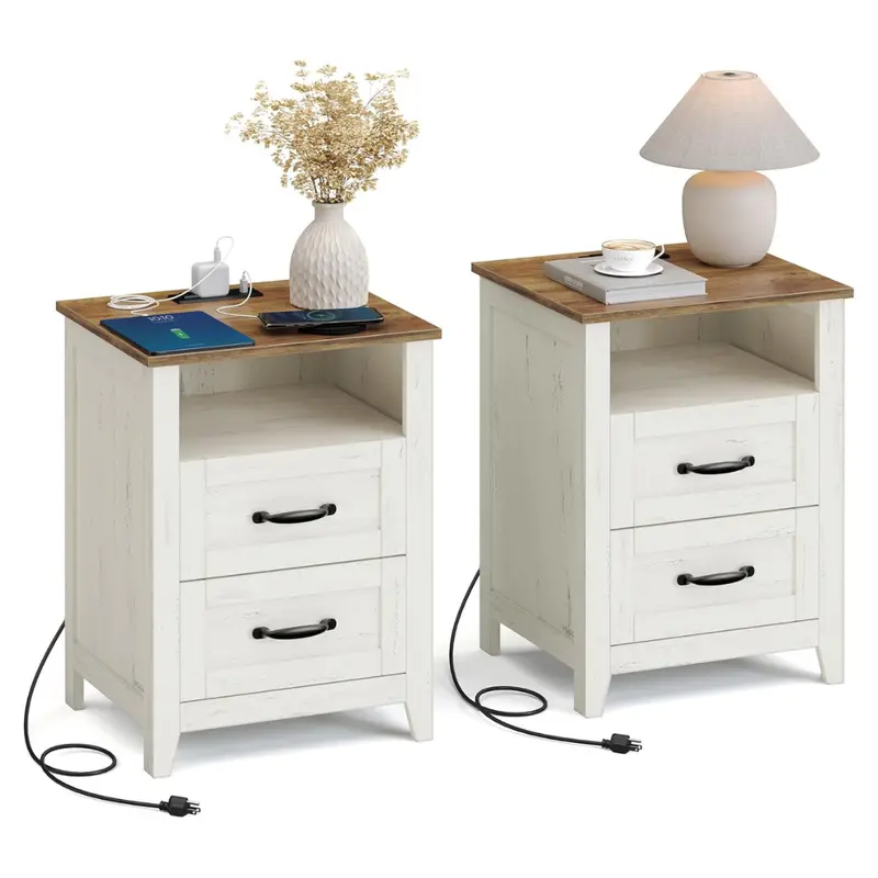2 Set Farmhouse Nightstands With Charging Station 1