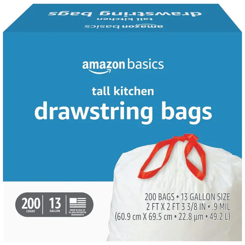 200-Count Amazon Basics 13 Gallon Kitchen Drawstring Trash Bags 1