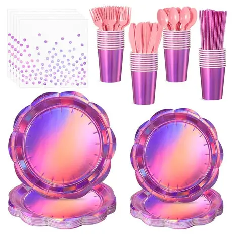 200 Pink Party Plates, Cups & Napkins Set 1