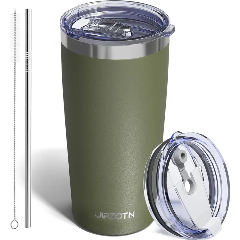 20Oz Stainless Steel Travel Coffee Tumbler W/ Dual Lids & Straw 1