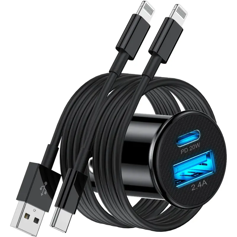 20W Dual-Port Usb Car Charger With 2 Lightning Cable 1