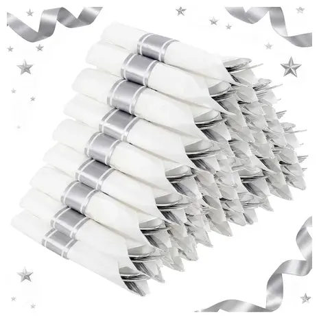 240-Piece Pre Rolled Napkin Silver Plastic Silverware Set 1