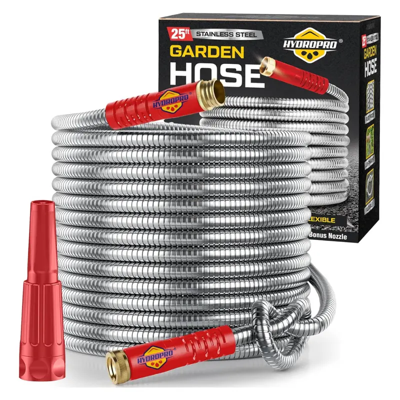 25-Ft Lightweight Stainless Steel Garden Water Hose W/ Nozzle 1