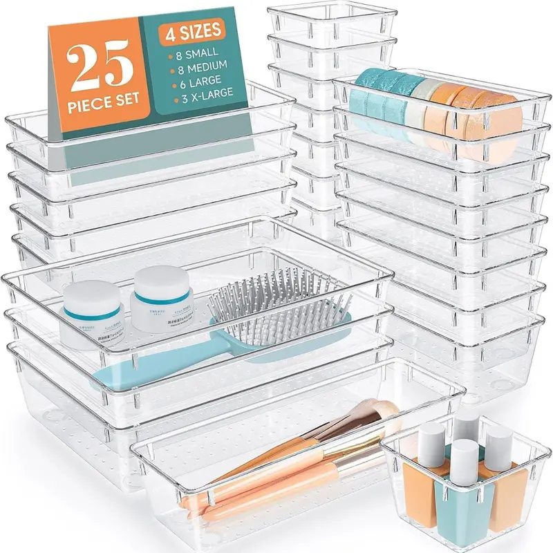 25-Pack Wowbox Clear Plastic 4 Sizes Drawer Organizer Set 1
