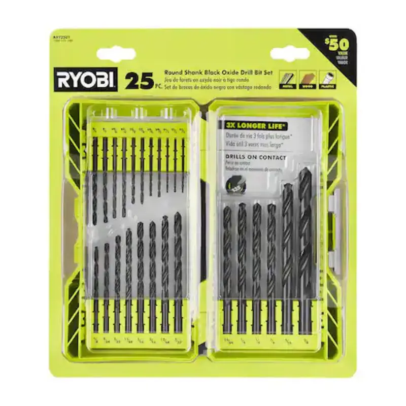 25-Piece Ryobi Black Oxide Round Shank Twist Drill Bit Set 1