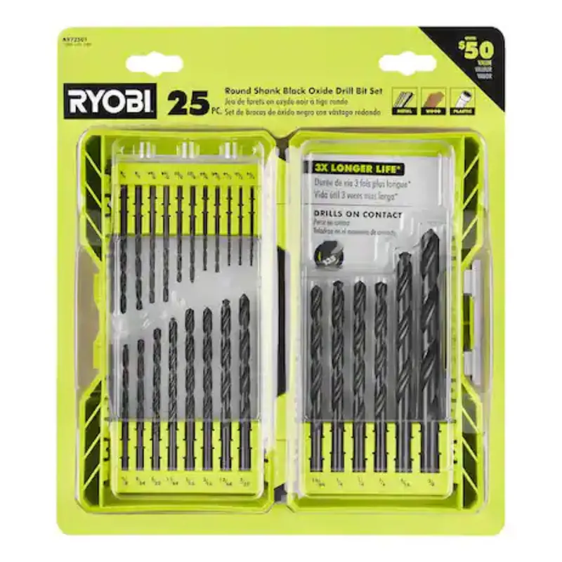 25-Piece Ryobi Black Oxide Round Shank Twist Drill Bit Set 1