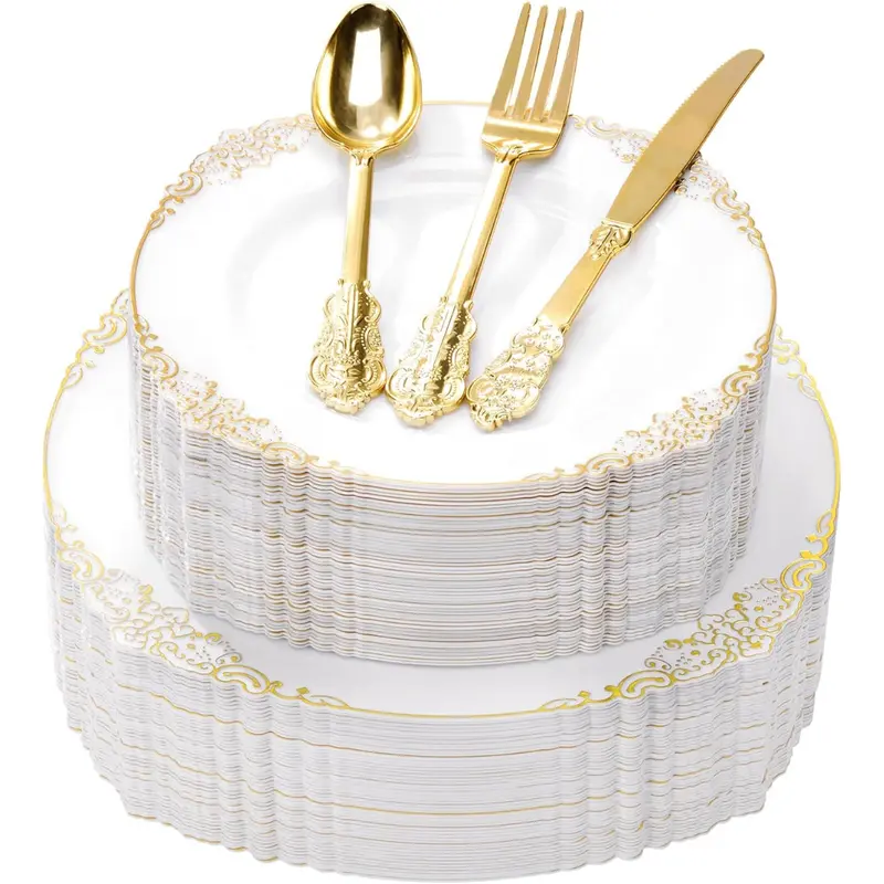 250-Piece Heavy Duty White & Gold Rim Disposable Dinnerware Set 1