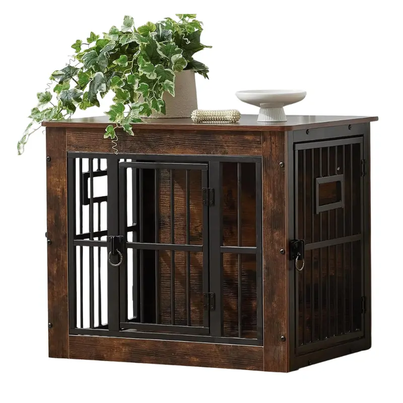 27" Heavy-Duty Wooden Dog Crate Furniture With 3 Doors 1