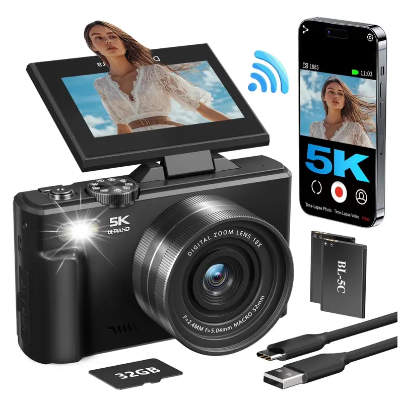 3" 180º Flip Screen 5K 75Mp Digital Camera With Wifi 1