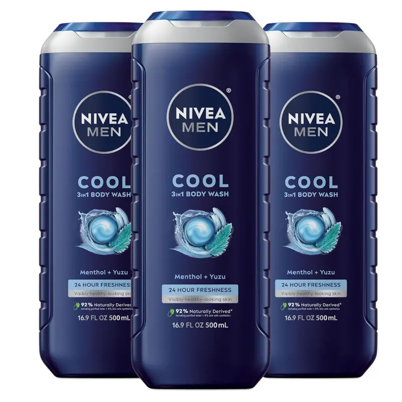 3 Bottles Of Nivea Men Cool Body Wash, Icy Menthol And Yuzu Scent, 3-In-1 Men’S Body Wash, Face And Hair 1