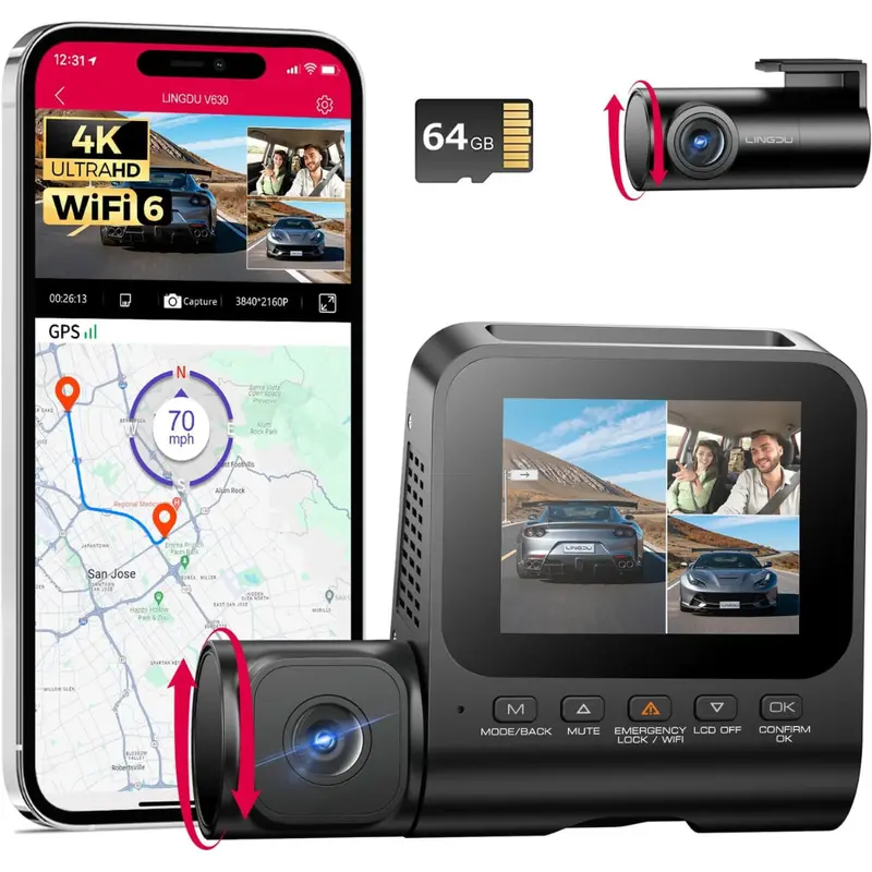 3-Channel 4K Front 1080P Inside & Rear Dash Cam W/ Wifi, Gps & App 1