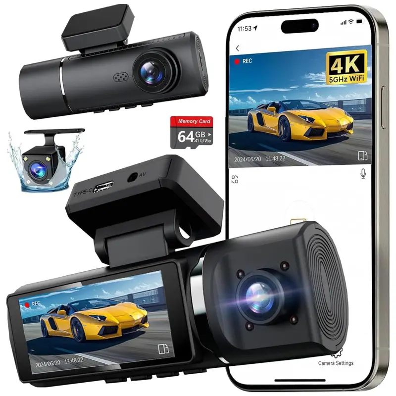 3-Channel 4K Front 1080P Rear & Inside 5G Wifi Dash Camera With 64Gb Card 1