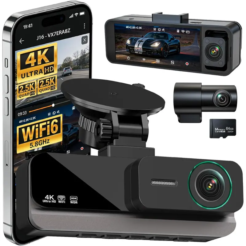 3-Channel 4K+2.5K+2.5K Front & Rear Dash Cam W/ 64Gb Card 1