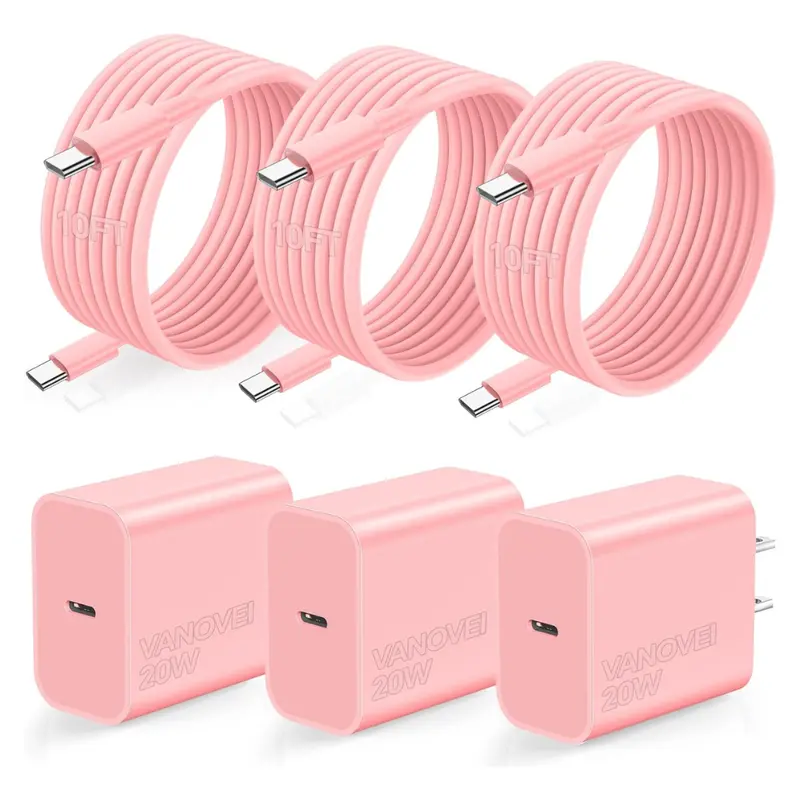 3-Pack 20W Usb C Wall Charger W/60W 10' Usb C Cables 1