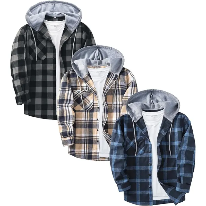 3-Pack Men's Vintage Plaid Flannel Hoodie Shirts (Various) 1