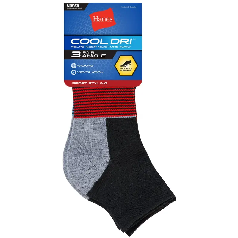 3-Pairs Hanes Cool Dri Men's Ankle Socks With Ventilation (Black) 1