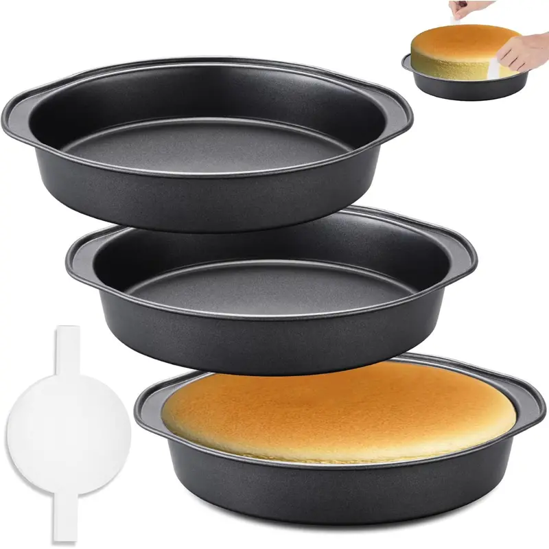 3-Piece 8" Carbon Steel Round Cake Pans W/ 100 Piece Parchment Paper 1