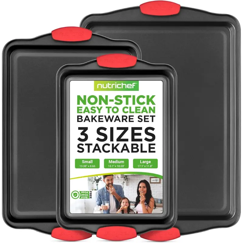 3-Piece Non-Stick Oven Baking Pans With Red Silicone Handles 1