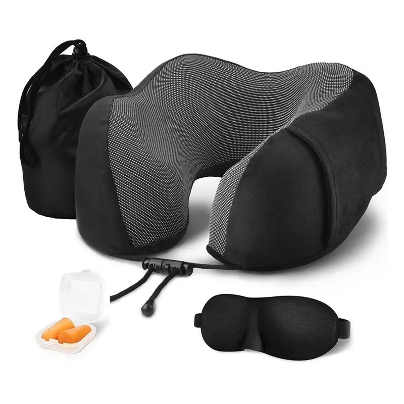 3-Piece Travel Memory Foam Neck Pillow With Storage Bag Eyemask & Earplugs 1