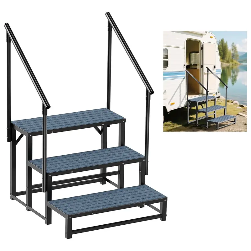 3-Step Portable Heavy Duty Non-Slip Rv Steps With 2 Handrail 1