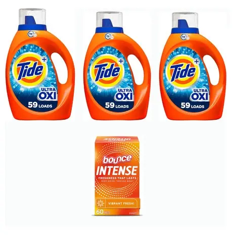 3 Tide Ultra Oxi Boost Liquid Laundry Detergents + Bounce Intense Dryer Sheets Box 1