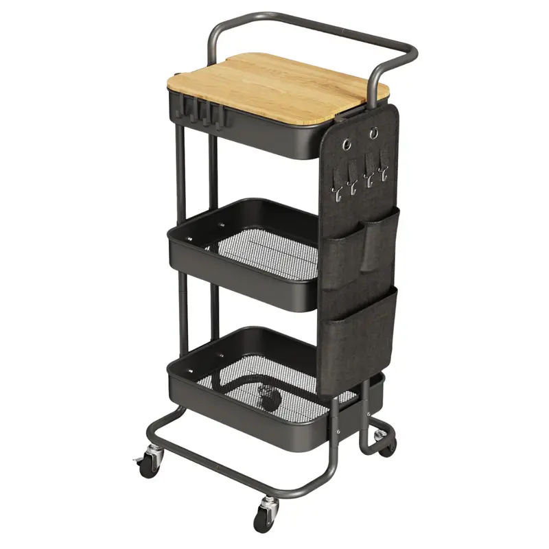 3 Tier Metal Utility Rolling Cart With Table Top And Side Bags 1