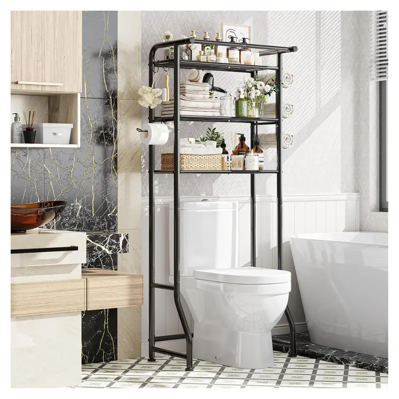 3-Tier Over-The-Toilet Bathroom Storage Cabinet With Paper Holder & Hooks 1