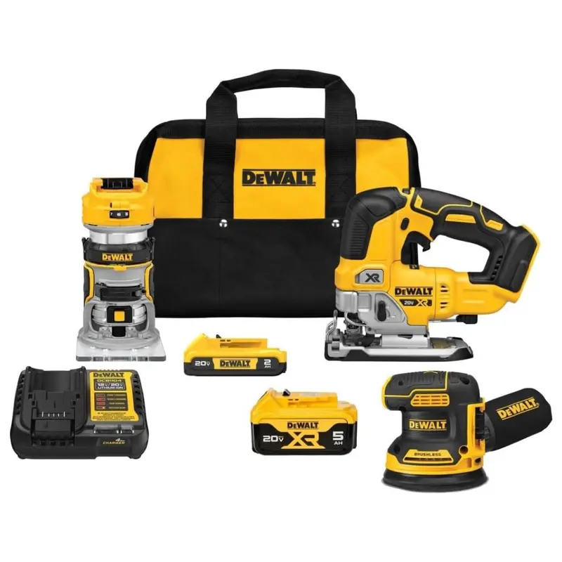3-Tool Dewalt 20V Max Xr Brushless Woodworking Combo Kit With 2 Batteries & Charger 1