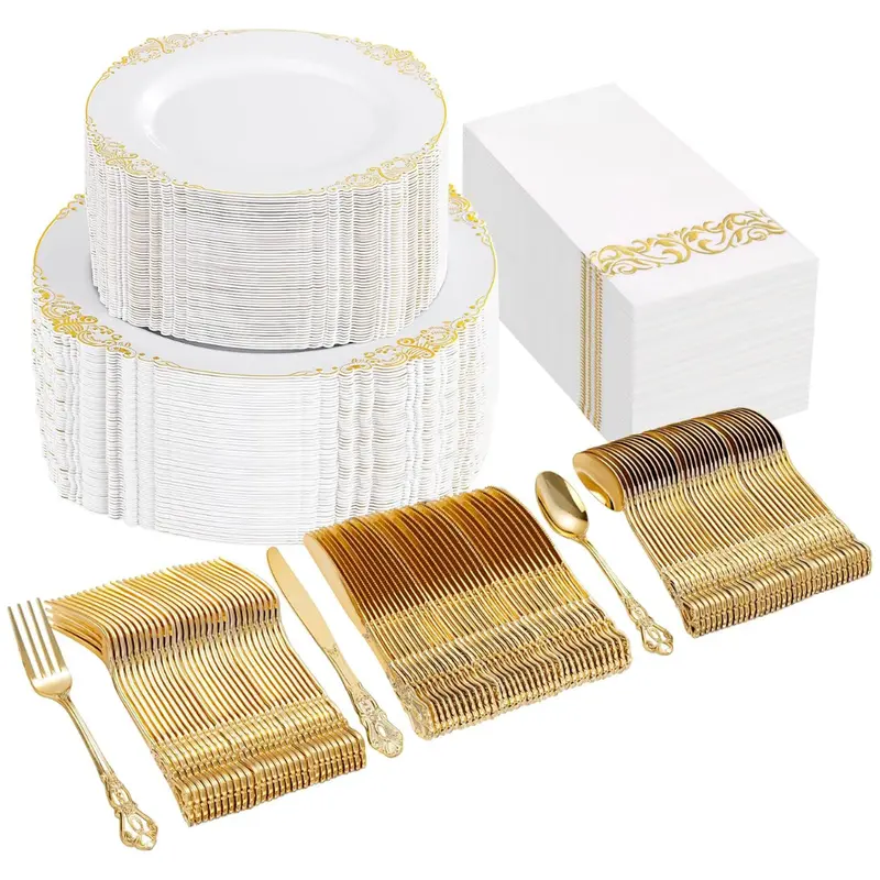 300-Piece White & Gold Disposable Dinnerware Set With Napkins 1