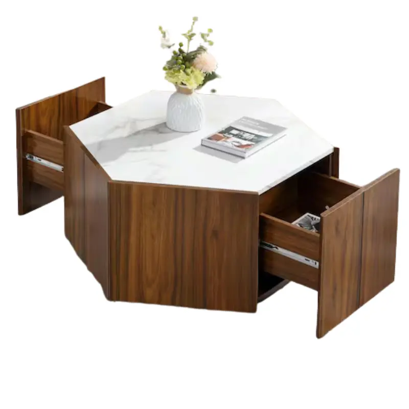 31.5" Walnut And White Hexagon Faux Marble Mdf Top Coffee Table 1
