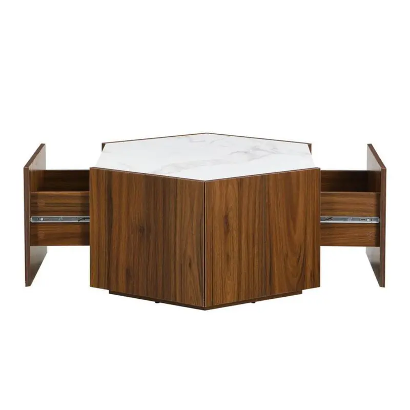 31.5" Walnut And White Hexagon Faux Marble Mdf Top Coffee Table 1
