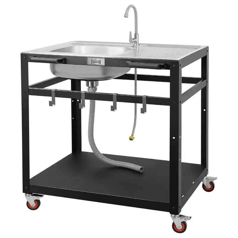 35" Outdoor Stainless Steel Sink Grill Cart With Faucet, Storage Shelves 1