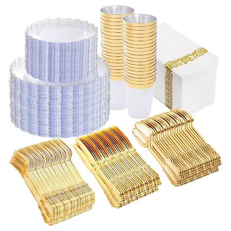 350 Piece Clear And Gold Plastic Disposable Dinnerware Set 1
