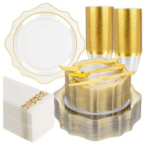 350-Piece Clear & Gold Disposable Dinnerware Set 1