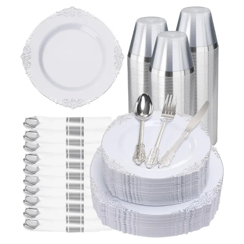 350-Piece Silver Plastic Dinnerware Set For 50 Guests 1