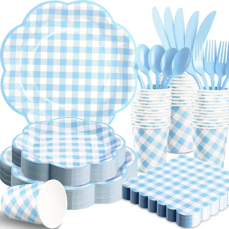 350-Pieces Disposable Blue Gingham Party Plates & Napkins Set 1