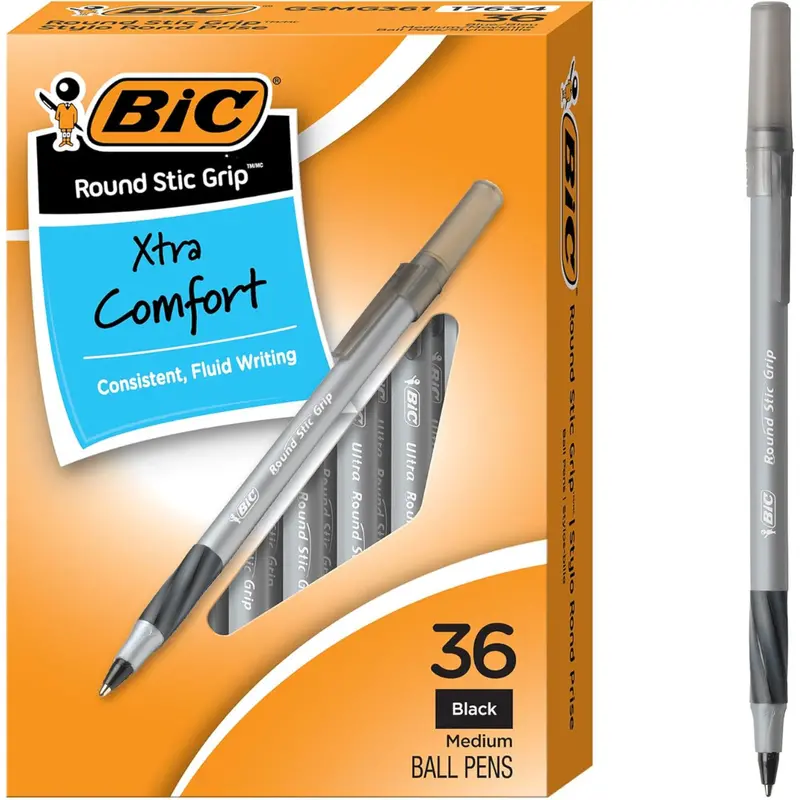 36-Count Bic Round Stic Grip Xtra Comfort Black Ballpoint Pens 1