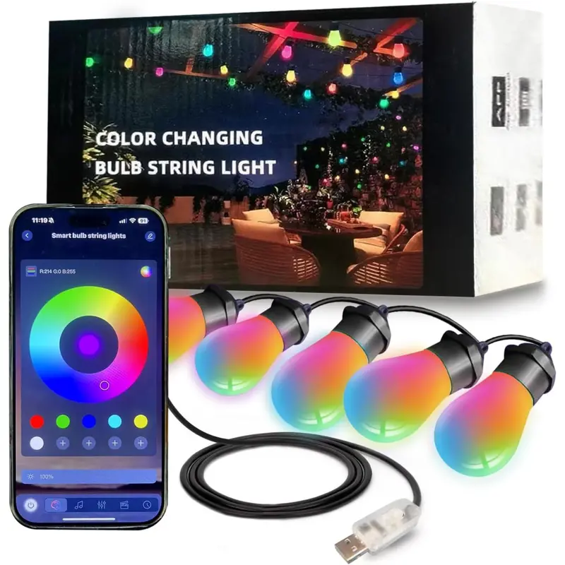 36' Smart Outdoor String Lights With 15 Dimmable Rgb Led Bulbs 1