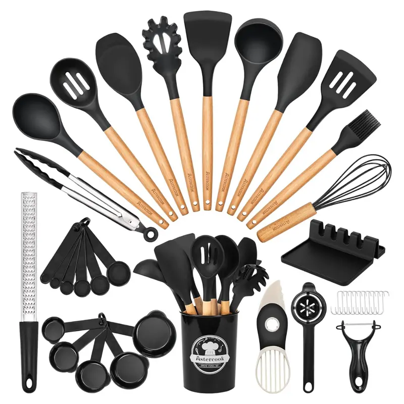 39-Piece Silicone Cooking Utensils Set With Wooden Handle 1