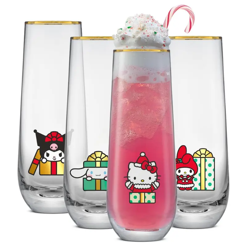 4-Count 9.5-Oz Hello Kitty & Friends Holiday Stemless Flutes Drinking Glasses Set 1