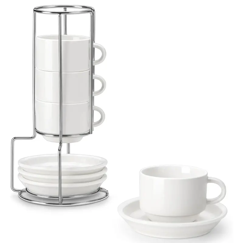 4-Pack 2.5 Oz Porcelain Espresso Cups With Saucers & Metal Stand 1