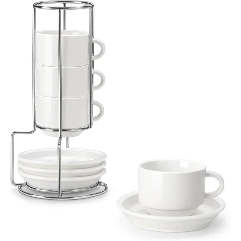 4-Pack 2.5 Oz Porcelain Espresso Cups With Saucers & Metal Stand 1