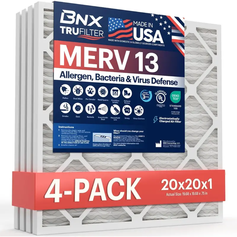 4-Pack Bnx Trufilter 20X20x1 Merv 13 Ac Furnace Air Filter 1