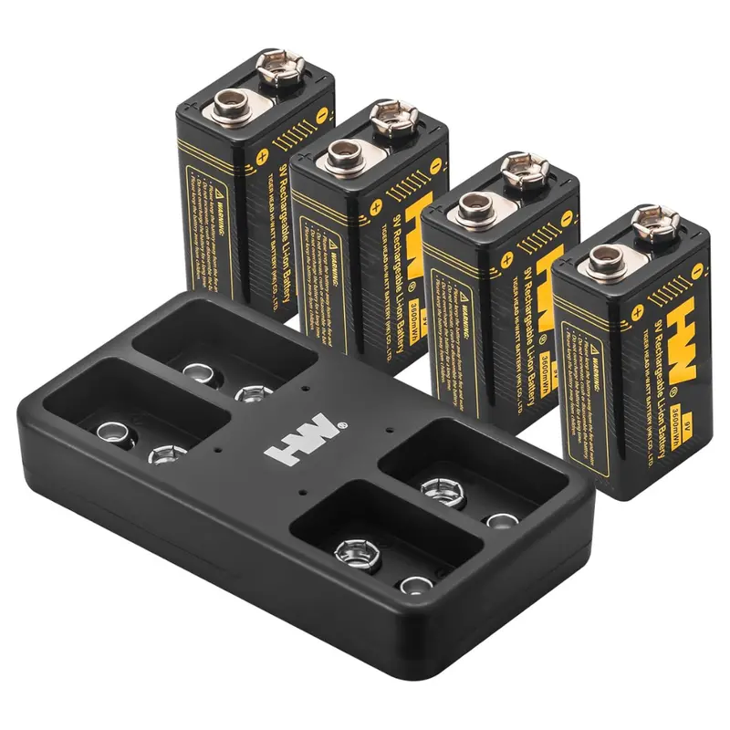 4-Pack Hw 3600Mwh Rechargeable 9V Batteries With Charger 1