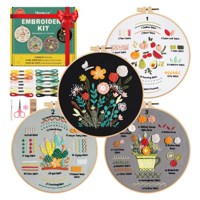 4-Pack Meyocky Beginner Embroidery Kit With 31 Stitches 1