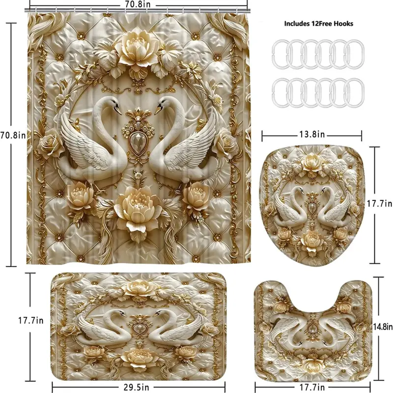 4 Pcs 3D Swan Shower Curtain Sets (Various) 1