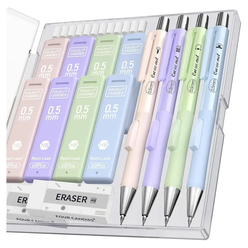 4-Piece Four Candies Mechanical Pencil Set W/ 480-Piece Hb Lead Refills 1