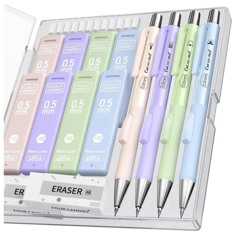 4-Piece Four Candies Mechanical Pencil Set W/ 480-Piece Hb Lead Refills 1